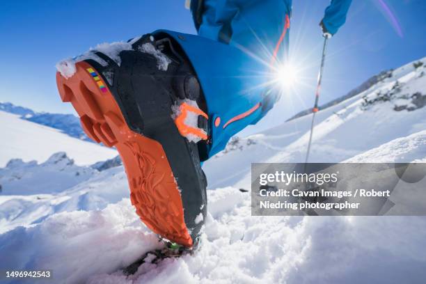 close-up of skier's ski boot, bavaria, germany, europe - skischoen stockfoto's en -beelden