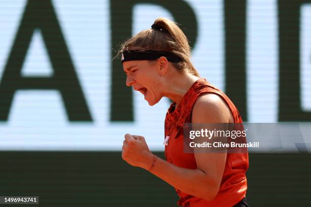 Karolina Muchova of Czech Republic celebrates a point against Aryna Sabalenka during the Women's Singles Semi-Final match on Day Twelve of the 2023...