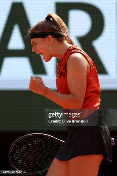 Karolina Muchova of Czech Republic celebrates a point against Aryna Sabalenka during the Women's Singles Semi-Final match on Day Twelve of the 2023...