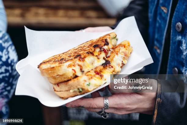 outdoor portrait of grilled cheese sandwich - boterham met kaas stockfoto's en -beelden