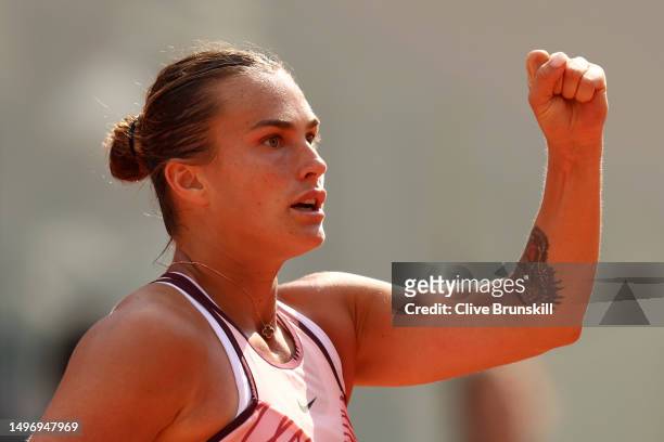Aryna Sabalenka celebrates winning the second set against Karolina Muchova of Czech Republic during the Women's Singles Semi-Final match on Day...