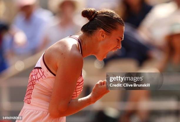 Aryna Sabalenka celebrates winning the second set against Karolina Muchova of Czech Republic during the Women's Singles Semi-Final match on Day...