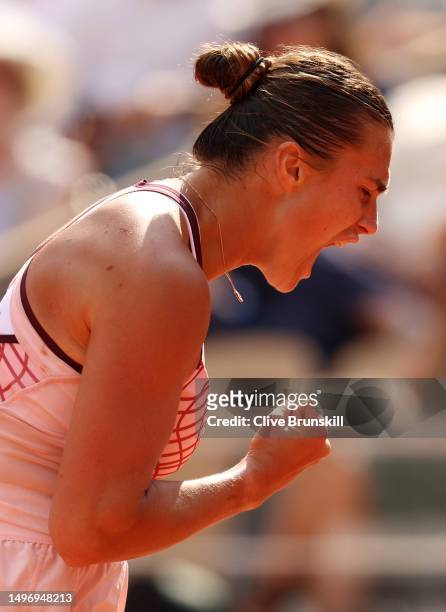 Aryna Sabalenka celebrates winning the second set against Karolina Muchova of Czech Republic during the Women's Singles Semi-Final match on Day...
