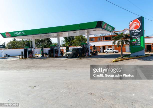 Pemex petrol gas station by roadside, Bacalar, Quintana Roo, Mexico.