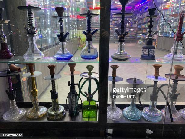 Hookah display in window of new marijuana store, Queens, New York.