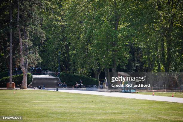 Scientific police work at the crime scene in the Paquier park where a man stabbed multiple people on June 8, 2023 in Annecy, France. Several people,...