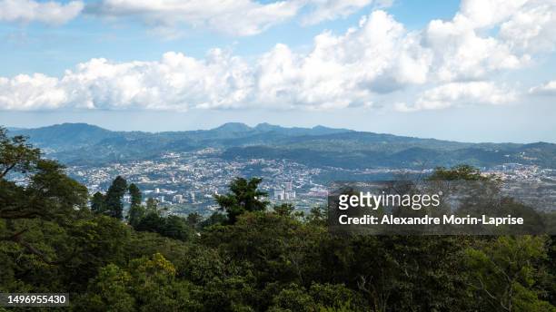 panoramic cityscape above the forest seen from afar at mid-day against a cloudy sky - san salvador - fotografias e filmes do acervo