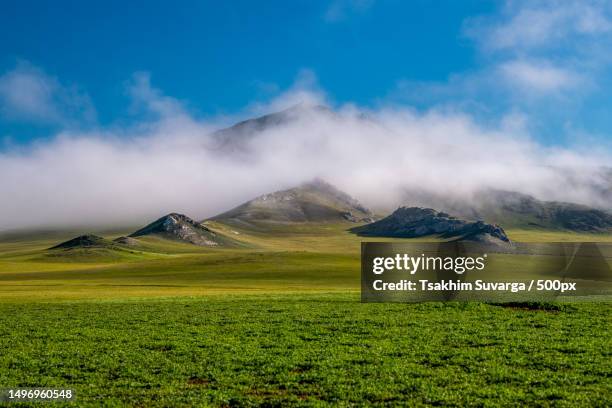 scenic view of field against sky,mongolia - mongolei stock-fotos und bilder