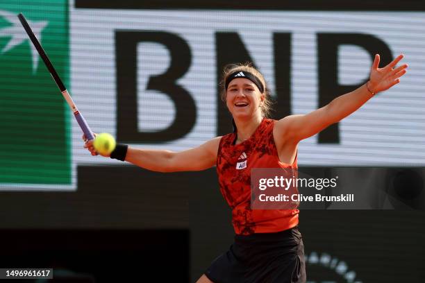 Karolina Muchova of Czech Republic celebrates winning match point against Aryna Sabalenka during the Women's Singles Semi-Final match on Day Twelve...