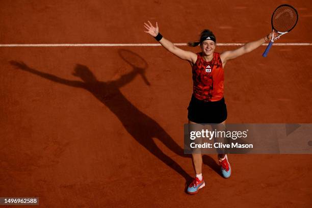 Karolina Muchova of Czech Republic celebrates winning match point against Aryna Sabalenka during the Women's Singles Semi-Final match on Day Twelve...