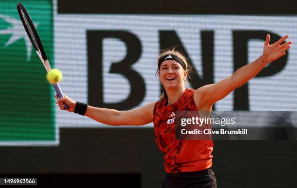 Karolina Muchova of Czech Republic celebrates winning match point against Aryna Sabalenka during the Women's Singles Semi-Final match on Day Twelve...