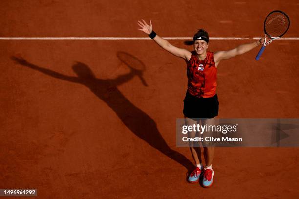 Karolina Muchova of Czech Republic celebrates winning match point against Aryna Sabalenka during the Women's Singles Semi-Final match on Day Twelve...