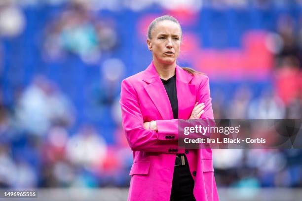 Casey Stoney Head Coach of San Diego Wave watches the team warm up before the National Womens Soccer League Pride Night match against NJ/NY Gotham FC...