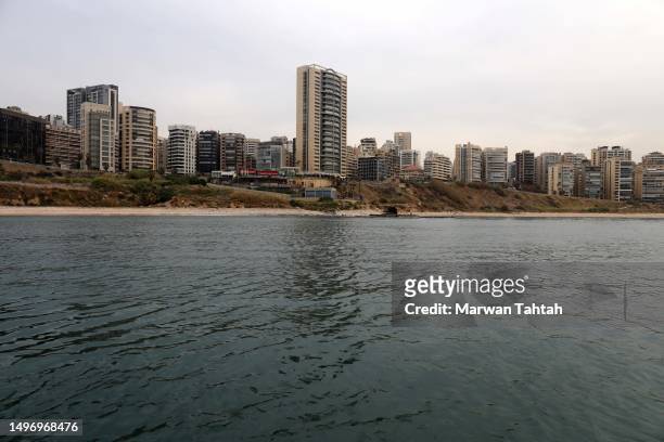 Ramlet el bayda public beach seen from the sea Beirut on June 8, 2023 in Beirut, Lebanon. With some 225 km of coastline harbouring Lebanon's major...