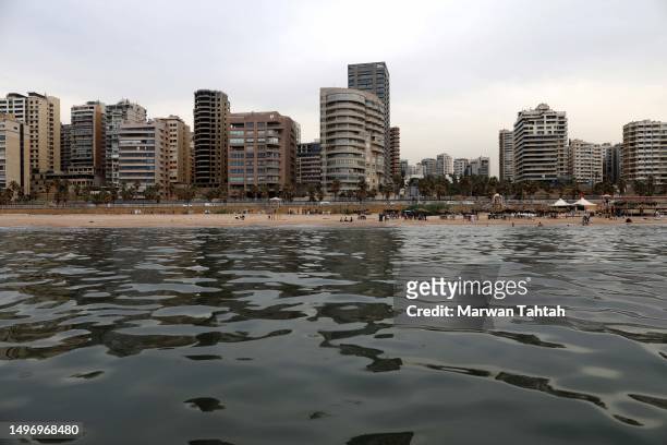 Ramlet el bayda public beach seen from the sea Beirut on June 8, 2023 in Beirut, Lebanon. With some 225 km of coastline harbouring Lebanon's major...