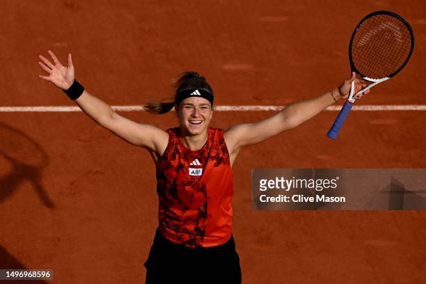 Karolina Muchova of Czech Republic celebrates winning match point against Aryna Sabalenka during the Women's Singles Semi-Final match on Day Twelve...