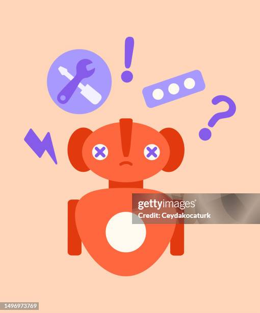 illustrazioni stock, clip art, cartoni animati e icone di tendenza di chatbot è confuso e ha commesso un errore. - errore