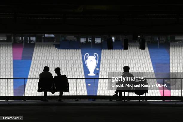 Workers are seen in the Atatürk Olympic Stadium ahead of the UEFA Champions League 2022/23 final between Manchester City and Inter Milan on June 08,...