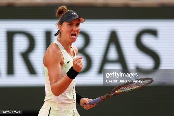 Beatriz Haddad Maia of Brazil celebrates a point against Iga Swiatek of Poland during the Women's Singles Semi-Final match on Day Twelve of the 2023...