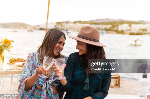 two women toasting sitting next to the sea - toast around the world celebration stock pictures, royalty-free photos & images