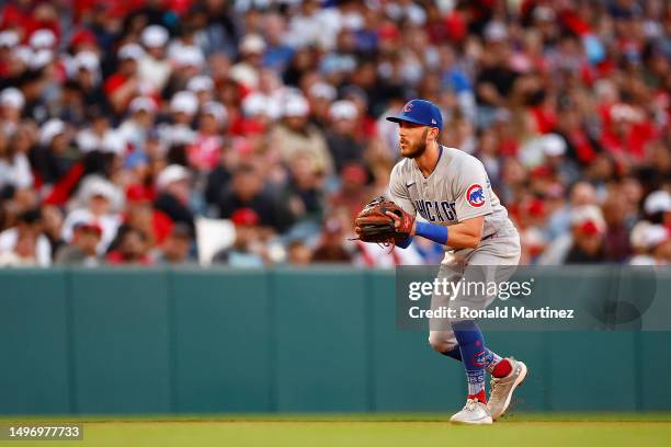 Miles Mastrobuoni of the Chicago Cubs at Angel Stadium of Anaheim on June 07, 2023 in Anaheim, California.