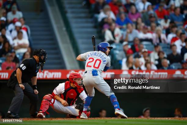 Miles Mastrobuoni of the Chicago Cubs at Angel Stadium of Anaheim on June 07, 2023 in Anaheim, California.