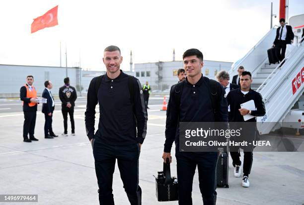 Edin Dzeko and Joaquin Correa of FC Internazionale arrives ahead of the UEFA Champions League 2022/23 final on June 08, 2023 in Istanbul, Turkey.