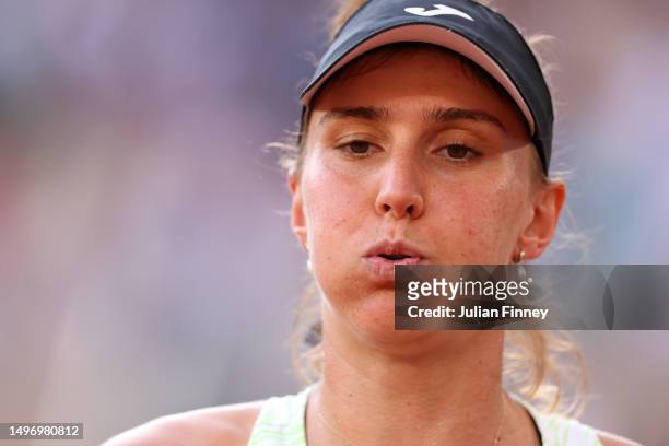 Beatriz Haddad Maia of Brazil reacts against Iga Swiatek of Poland during the Women's Singles Semi-Final match on Day Twelve of the 2023 French Open...