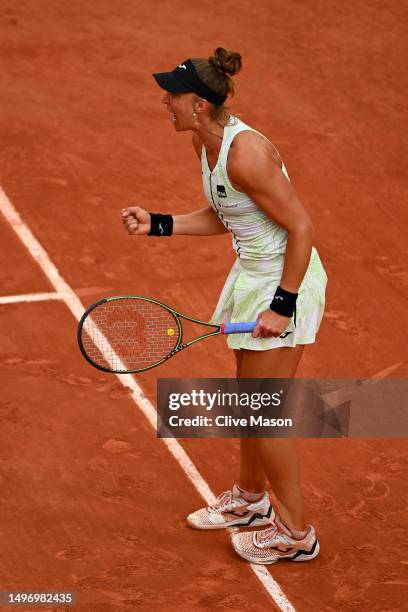 Beatriz Haddad Maia of Brazil celebrates a point against Iga Swiatek of Poland during the Women's Singles Semi-Final match on Day Twelve of the 2023...