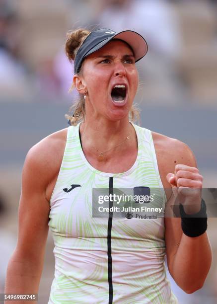 Beatriz Haddad Maia of Brazil celebrates a point against Iga Swiatek of Poland during the Women's Singles Semi-Final match on Day Twelve of the 2023...