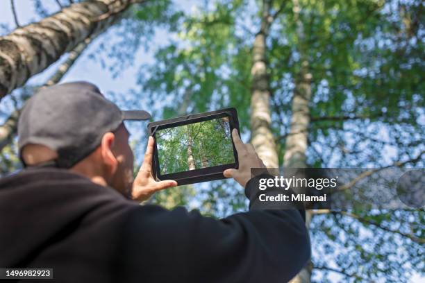 man photographing forest with digital tablet at summer - manpad stock pictures, royalty-free photos & images