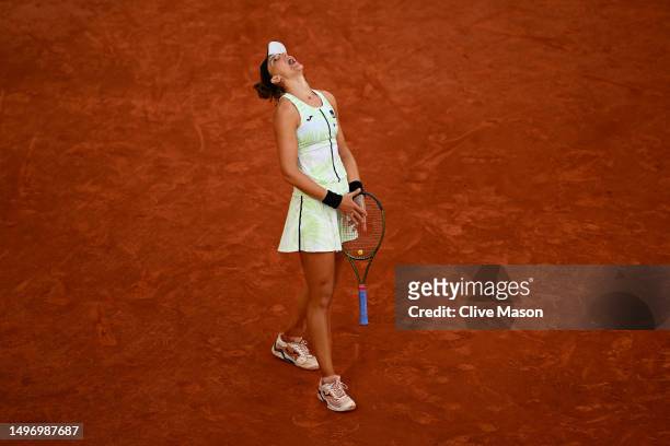 Beatriz Haddad Maia of Brazil reacts against Iga Swiatek of Poland during the Women's Singles Semi-Final match on Day Twelve of the 2023 French Open...