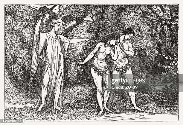 expulsion of adam and eve (genesis 3), woodcut, published 1835 - temptation of eve stock illustrations