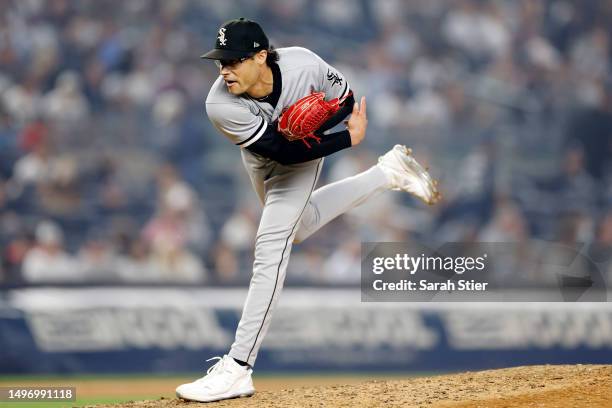 Joe Kelly of the Chicago White Sox pitches during the seventh inning against the New York Yankees at Yankee Stadium on June 06, 2023 in the Bronx...