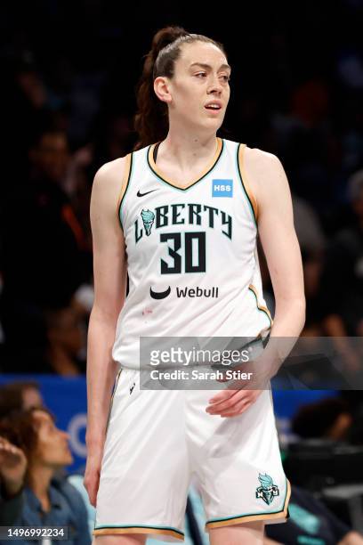 Breanna Stewart of the New York Liberty looks on during the second half against the Chicago Sky at Barclays Center on June 04, 2023 in the Brooklyn...