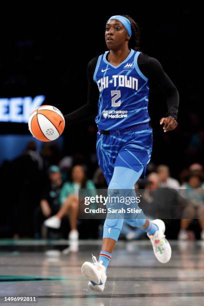 Kahleah Copper of the Chicago Sky dribbles during the second half against the New York Liberty at Barclays Center on June 04, 2023 in the Brooklyn...