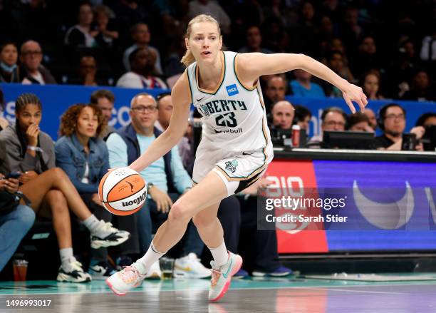 Marine Johannès of the New York Liberty dribbles during the first half against the Chicago Sky at Barclays Center on June 04, 2023 in the Brooklyn...