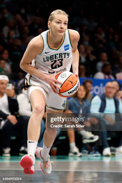 Marine Johannès of the New York Liberty dribbles during the first half against the Chicago Sky at Barclays Center on June 04, 2023 in the Brooklyn...