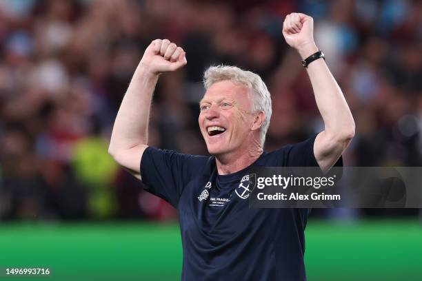 David Moyes, Manager of West Ham United, celebrates after the team's victory during the UEFA Europa Conference League 2022/23 final match between ACF...