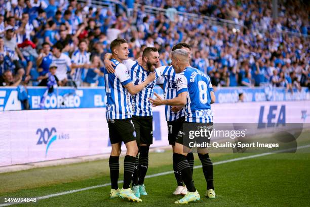 Luis Jesus Rioja of Deportivo Alaves celebrates after the first goal of his team scored by Abderrahmane Rebbach 'Abde' during the Liga Smartbank Play...