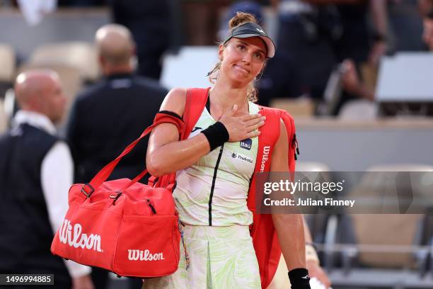 Beatriz Haddad Maia of Brazil reacts after defeat against Iga Swiatek of Poland in the Women's Singles Semi-Final match on Day Twelve of the 2023...