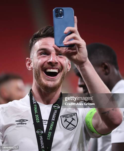 Declan Rice of West Ham United celebrates after the team's victory during the UEFA Europa Conference League 2022/23 final match between ACF...