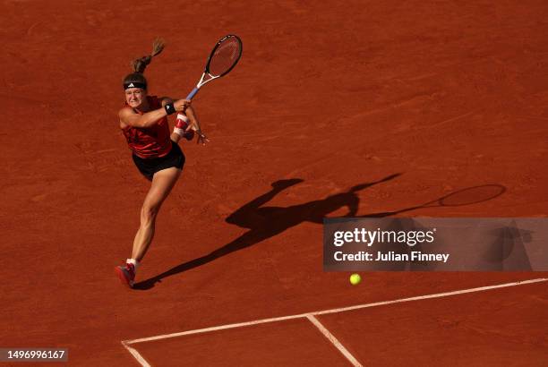 Karolina Muchova of Czech Republic plays a forehand against Aryna Sabalenka during the Women's Singles Semi-Final match on Day Twelve of the 2023...