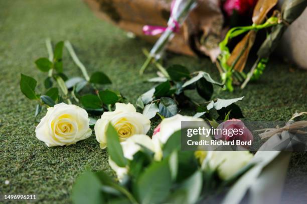 Flowers are seen at the children's park in Paquier park, where a knife attack took place, on June 8, 2023 in Annecy, France. Several people,...