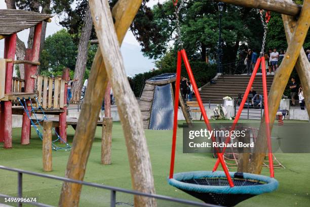 General view at the children's park in Paquier park, where a knife attack took place, on June 8, 2023 in Annecy, France. Several people, including...