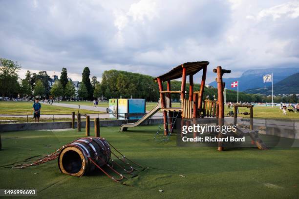 General view at the children's park in Paquier park, where a knife attack took place, on June 8, 2023 in Annecy, France. Several people, including...