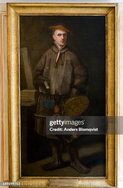 painting of carl von linne dressed in sami clothes hanging at linne museum on svartbacksgatan 27. - svartbacksgatan 27 stock pictures, royalty-free photos & images