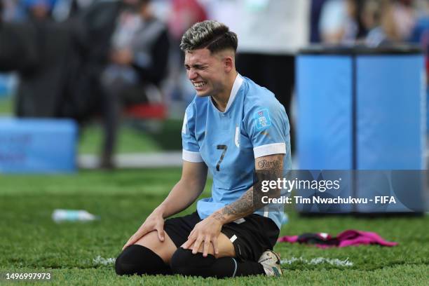 Anderson Duarte of Uruguay celebrate following the team's victory in the FIFA U-20 World Cup Argentina 2023 Semi Finals match between Uruguay and...