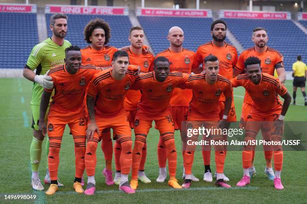 Houston Dynamo starting XI pose for a team photo at SeatGeek Stadium on June 6, 2023 in Bridgeview, Illinois.