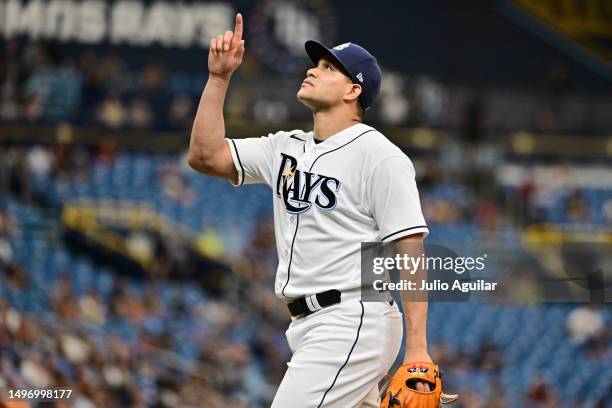 Yonny Chirinos of the Tampa Bay Rays reacts in the middle of the fifth inning against the Minnesota Twins at Tropicana Field on June 08, 2023 in St...